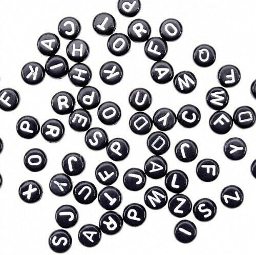 Black alphabet beads, acrylic letter Beads Round 7mm with white letter, choose your letter or bulk beads, DIY bracelet beads