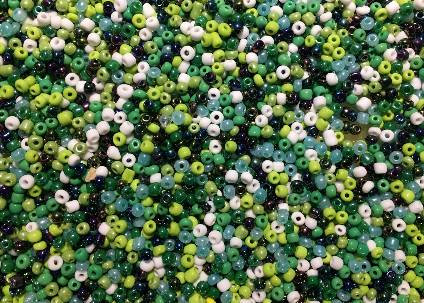 Green Seed Bead Mix, assorted colors and sizes glass bead mix, in green black and gray