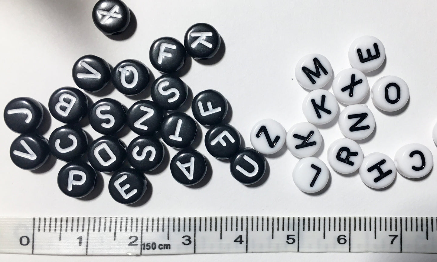 White Alphabet beads, whit and black letter Round Acrylic 7mm Initial bead, choose bulk or single letters