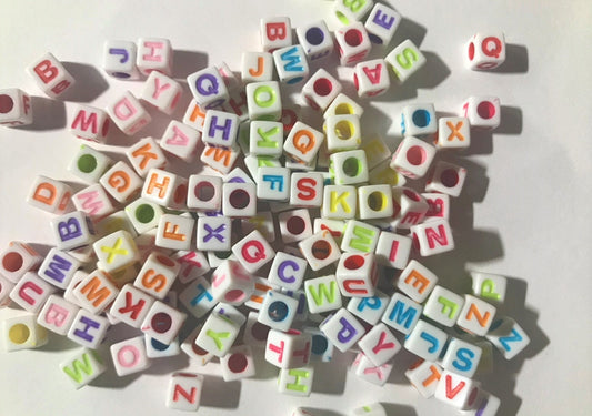 Cube alphabet bead, white with colored letters, 6mm acrylic square beads, European big hole beads