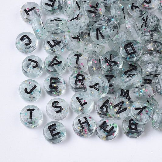 Alphabet bead, Glitter Clear with black letter , 7mm round letter beads,  choose your letter or bulk beads, DIY bracelet beads