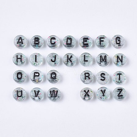 Alphabet bead, Glitter Clear with black letter , 7mm round letter beads,  choose your letter or bulk beads, DIY bracelet beads