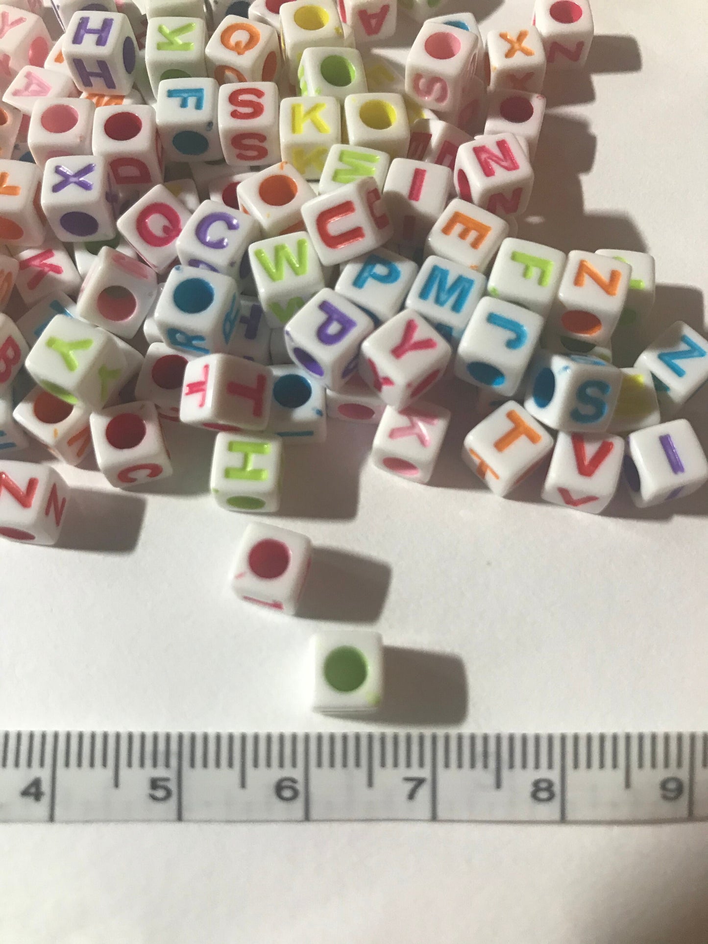 Cube alphabet bead, white with colored letters, 6mm acrylic square beads, European big hole beads