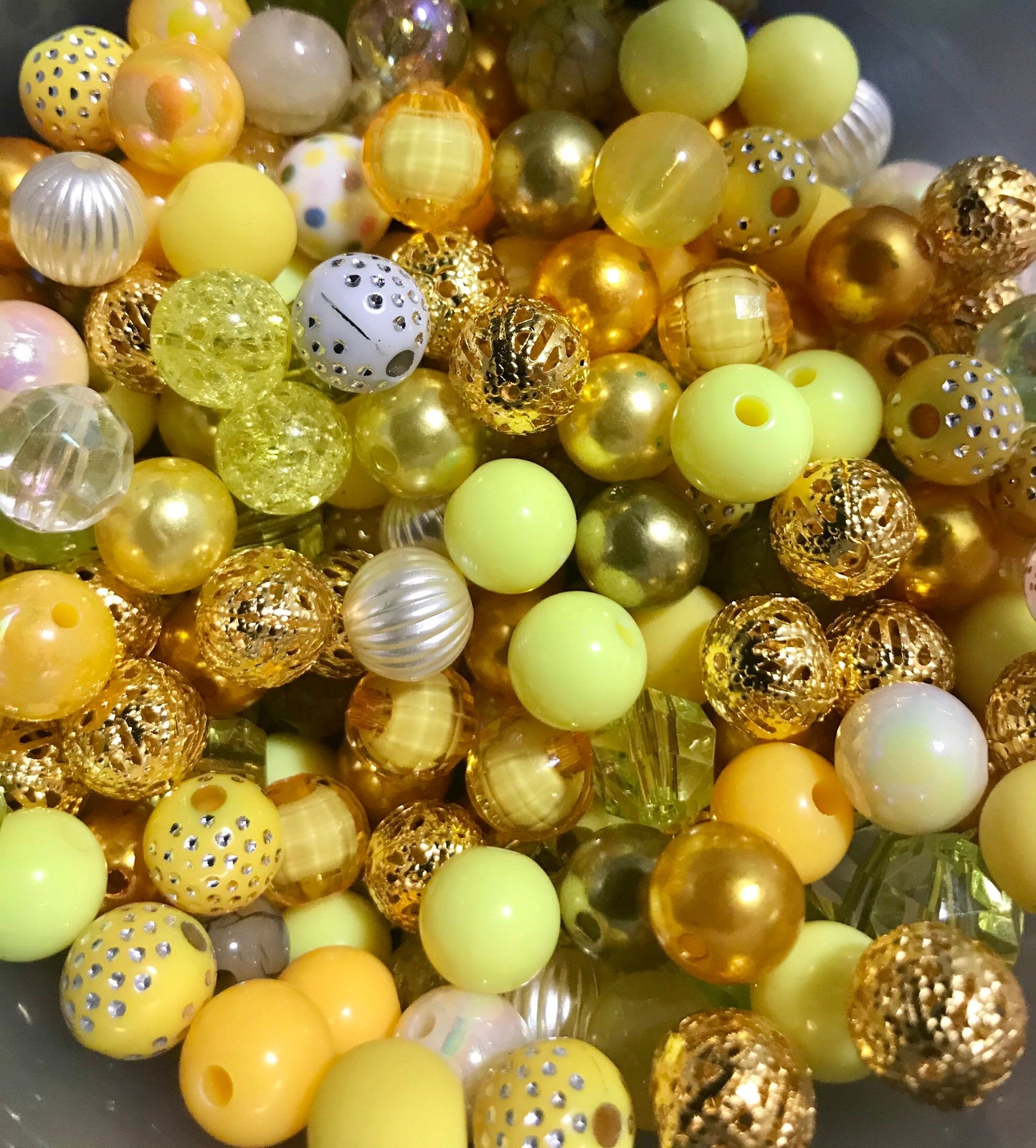 Yellow bubblegum beads, 8mm acrylic assorted mix bead soup Yellows and golds theme mix styles  bead mix