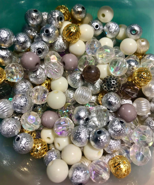 Assorted Bubblegum bead mix, acrylic beads 10mm Neutrals mix white, cream. silver, gold bead mix styles