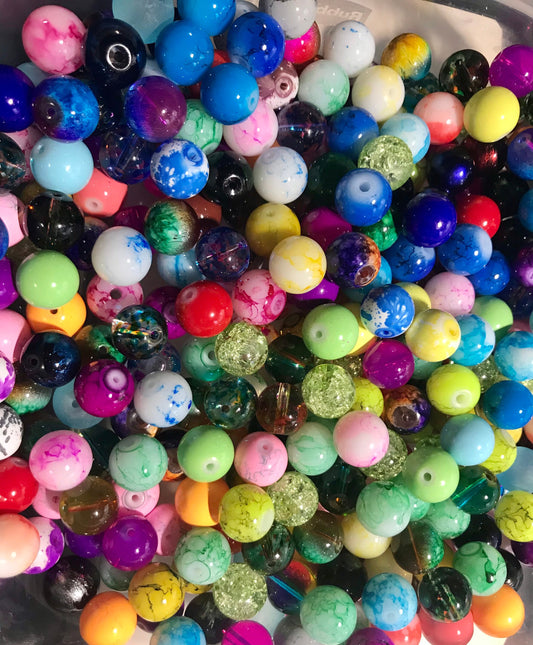 Glass bead mix bulk 12mm Assorted  bead soup, assorted colors and patterns in solid, pearly or patterned styles