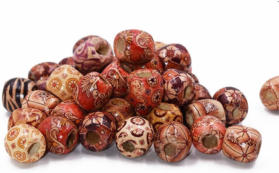 Large Macrame bead mix, Patterned Wood big hole style European bead 16x17mm