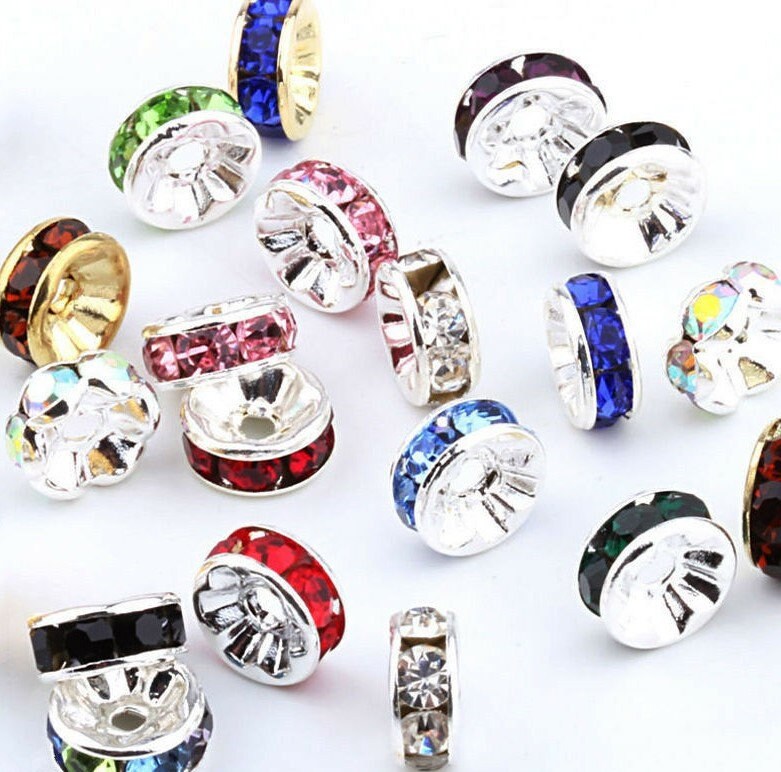 Rondelle spacers, rhinestone spacers, plated 8mm crystal bead spacers,  assorted mixed colors