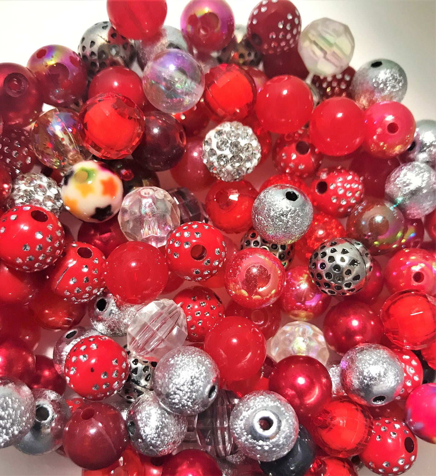 Red  bubblegum bead mix, acrylic 12mm beads,  assorted mix red silver theme Passion lot  bead soup