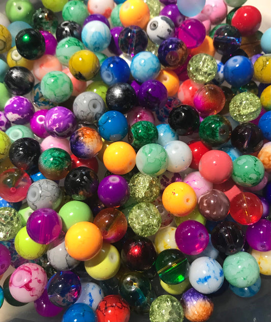 Glass bead mix, bulk assorted beads, 10mm Assorted beads in mixed colors, styles and patterns in solid, pearly or patterned styles