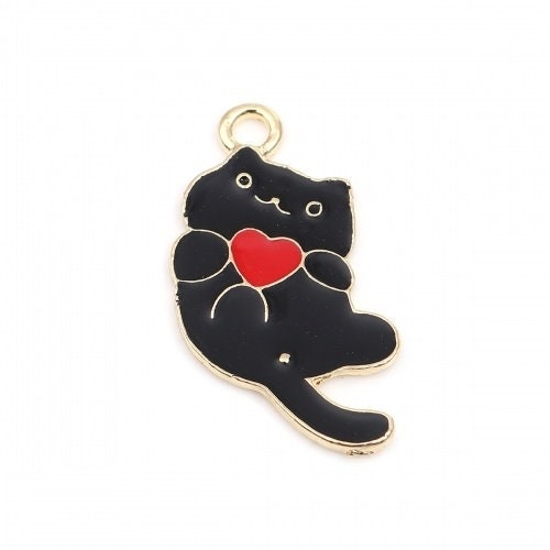 Black cat charm. enamel pendant charm , cat with heart, halloween cat