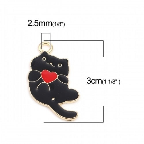 White cat charm, large enamel cat with a heart, white cat with gold back