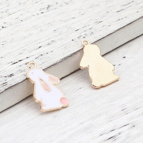 White Easter bunny charms enamel rabbit pendant charm gold backed metal charms white and pink bunny