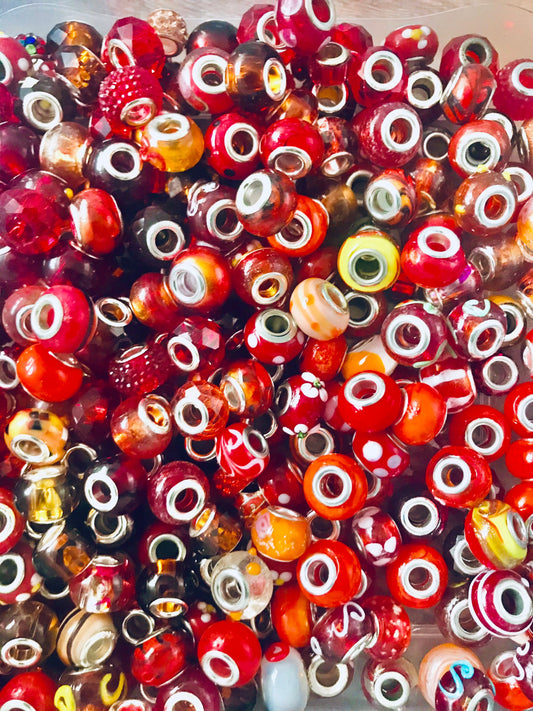 Glass beads European bulk mix, big hole beads in assorted red orange and gold tones