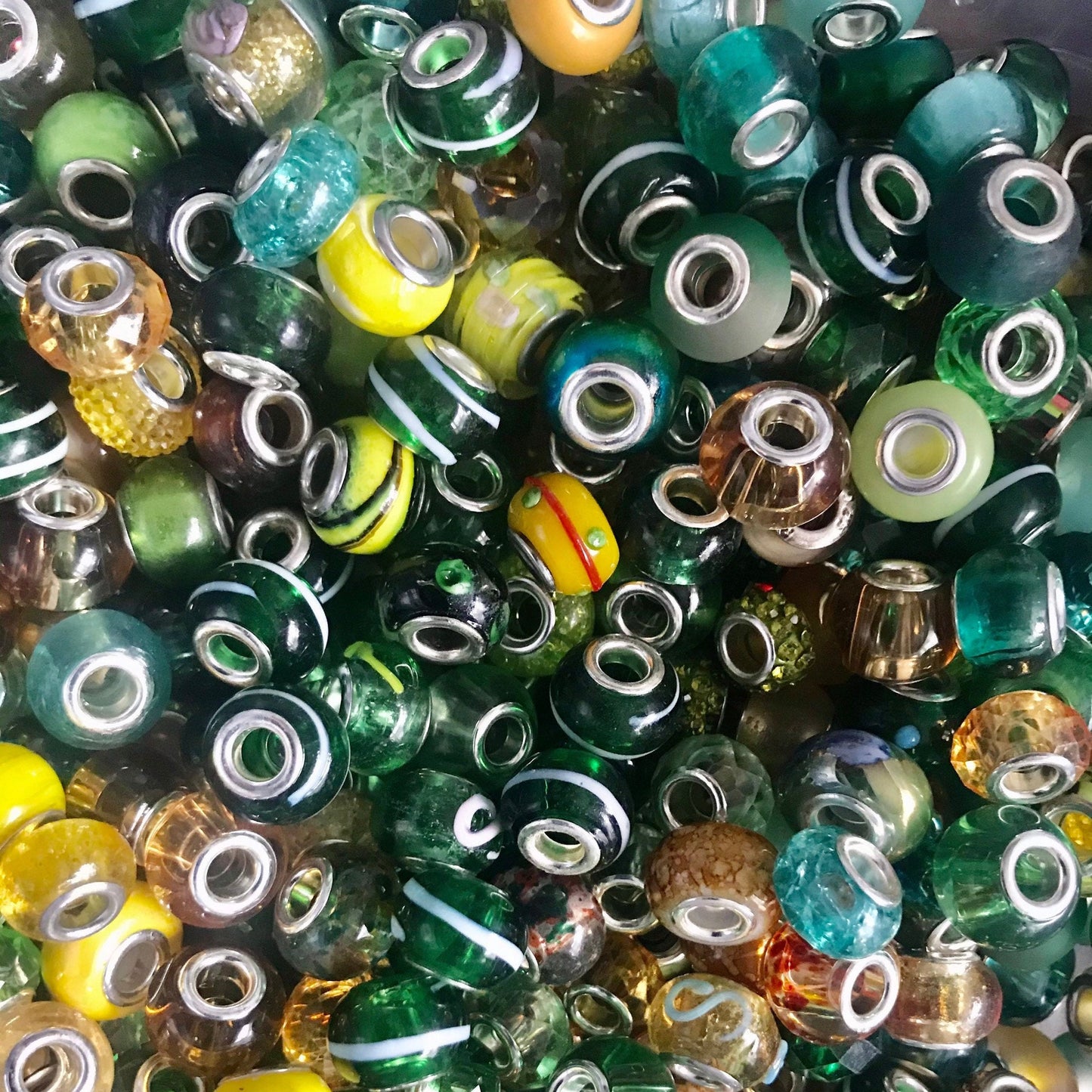 Glass beads European bead s, big hole euro beads, assorted shades of greens and yellows