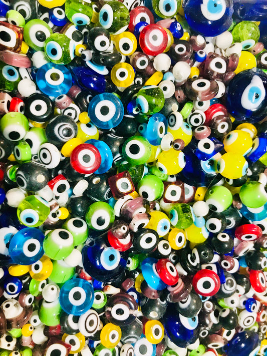 Evil Eye Beads, glass bead mix in assorted colors and sizes, bead lot round flat square