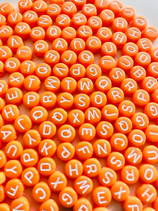 Alphabet bead, Orange  with white  letter  bead, 7mm round letter beads,  choose your letter or bulk beads, DIY bracelet beads