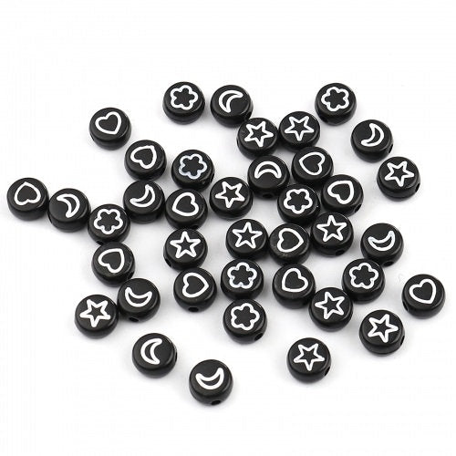 Galaxy bead lot, moon and star beads, black Acrylic and white pattern, fits 7mm alphabet beads