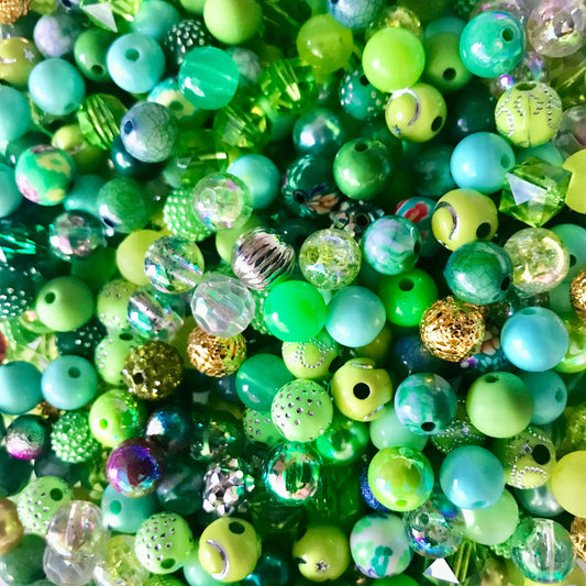 Green Bubblegum beads, 8mm Acrylic beads. assorted mix Green and Gold theme mix styles pick lot variety, bead mix