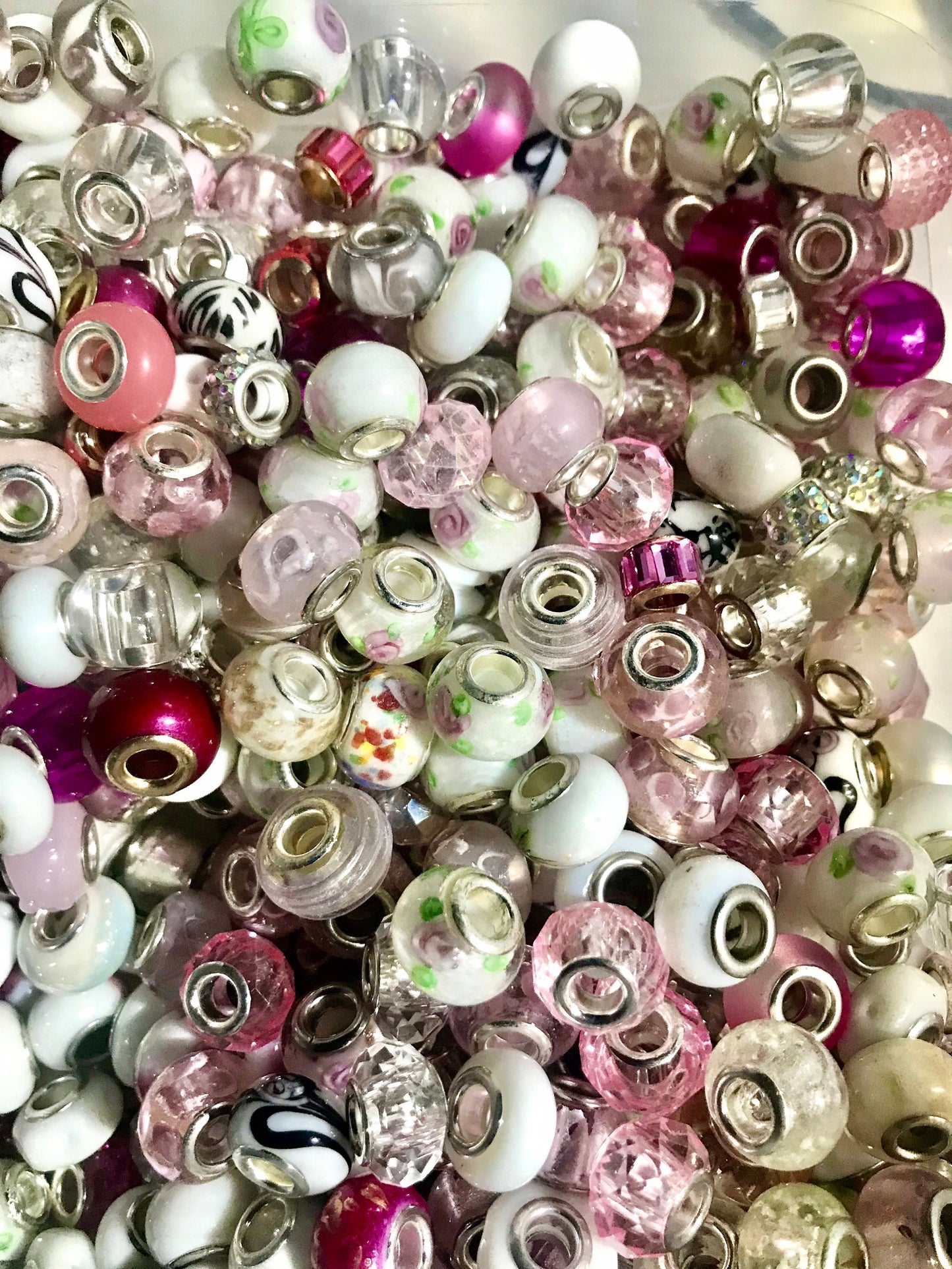 European Glass beads,  big hole beads , assorted white and pink shades