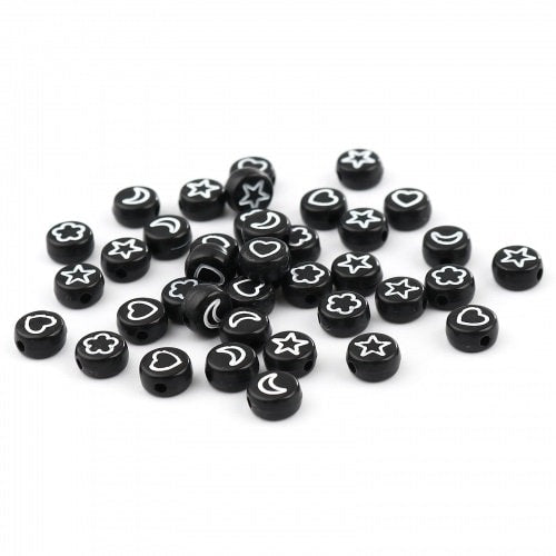 Galaxy bead lot, moon and star beads, black Acrylic and white pattern, fits 7mm alphabet beads