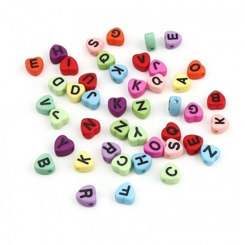 Heart Alphabet bead , assorted colors with black letters heart large spacer beads get the set or random mix letters