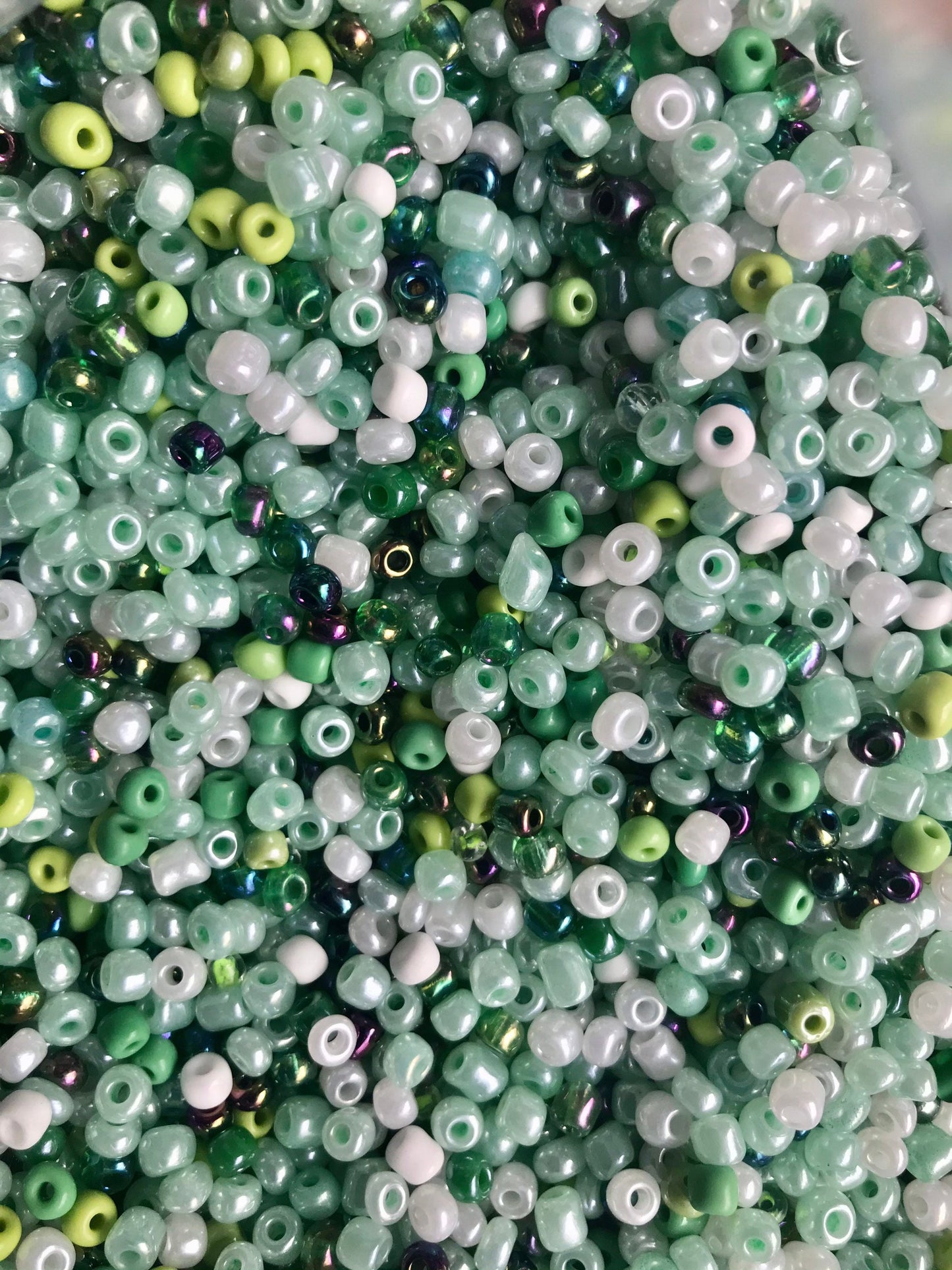 Green Seed Bead Mix, assorted colors and sizes glass bead mix, in green black and gray