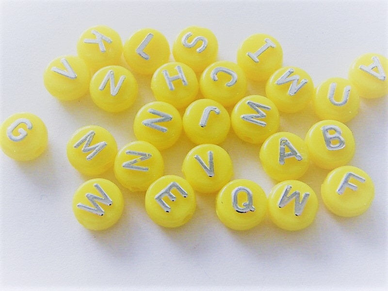 Yellow alphabet bead, 10mm bright yellow with raised silver large letter bead clearance