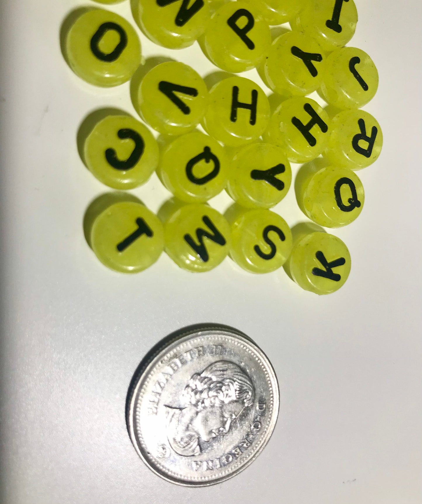 Large alphabet bead, yellow initial bead with black letter 10mm acrylic bead mix of assorted letters