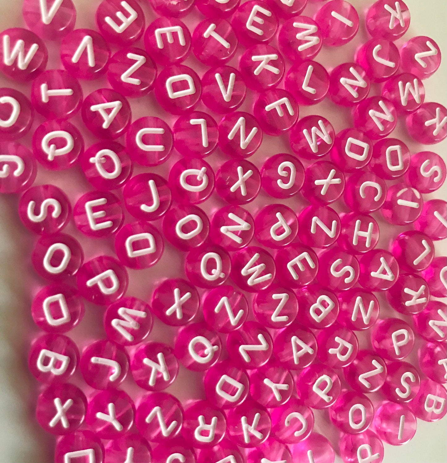 Pink Alphabet beads,  hot  pink with white letters, 7mm round letter beads,  choose your letter or bulk beads, DIY bracelet beads