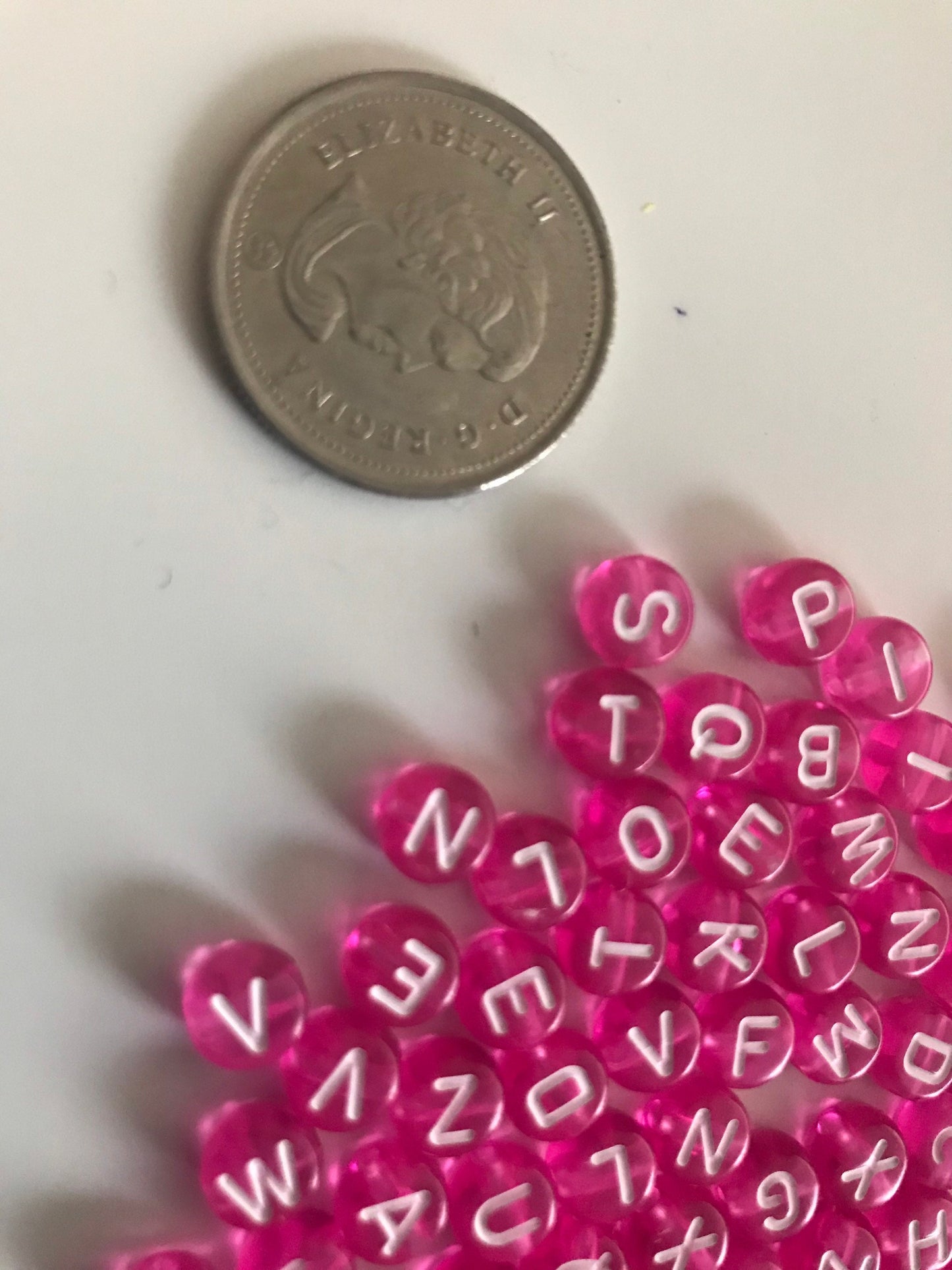 Pink Alphabet beads,  hot  pink with white letters, 7mm round letter beads,  choose your letter or bulk beads, DIY bracelet beads