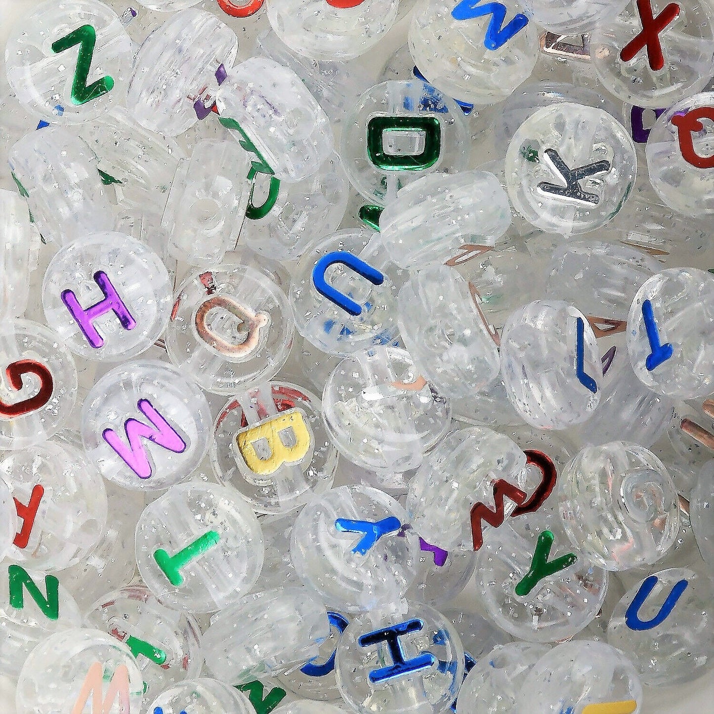 Big alphabet beads, clear with glitter 10mm assorted letters large bracelet beads