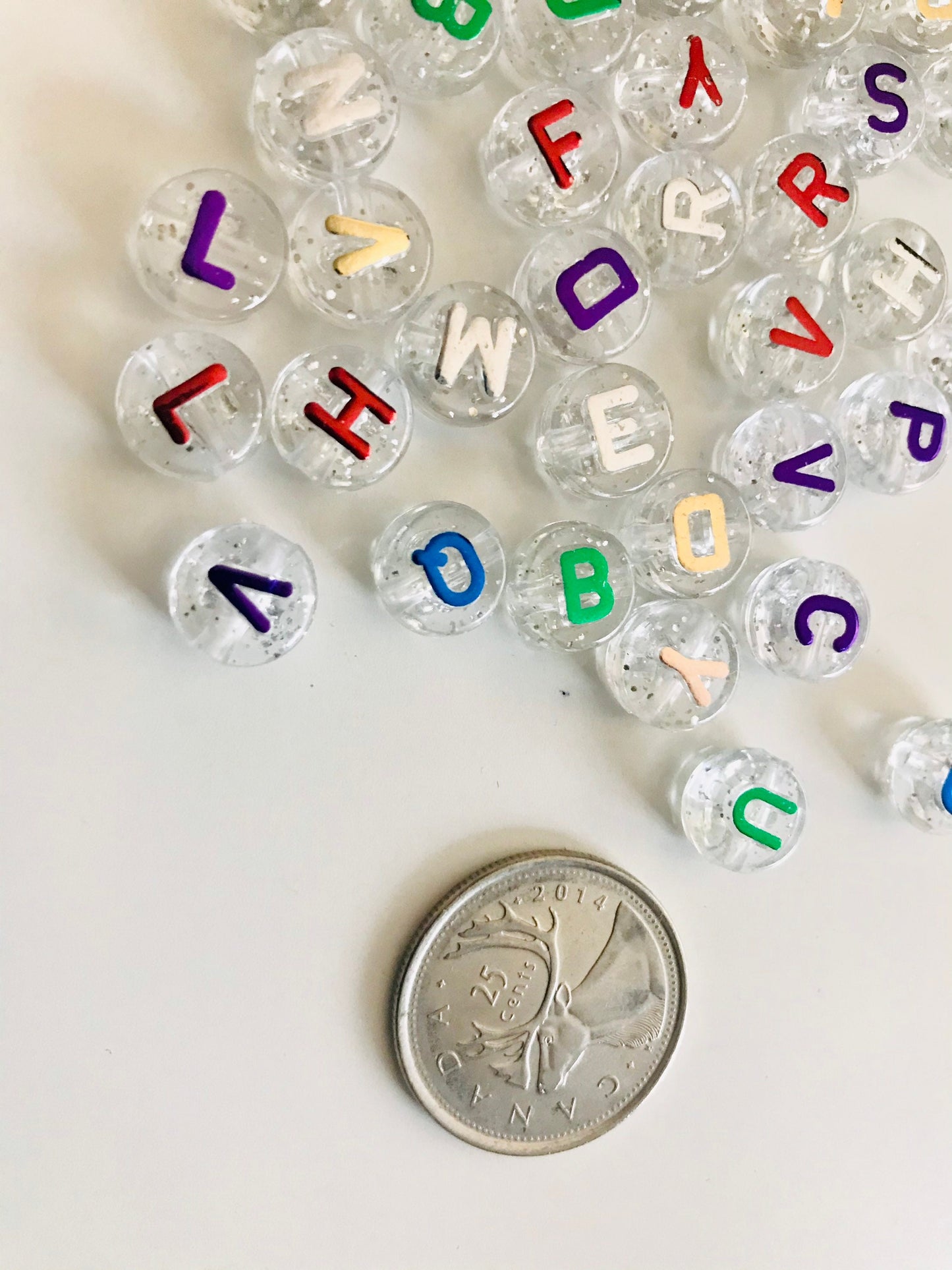 Big alphabet beads, clear with glitter 10mm assorted letters large bracelet beads