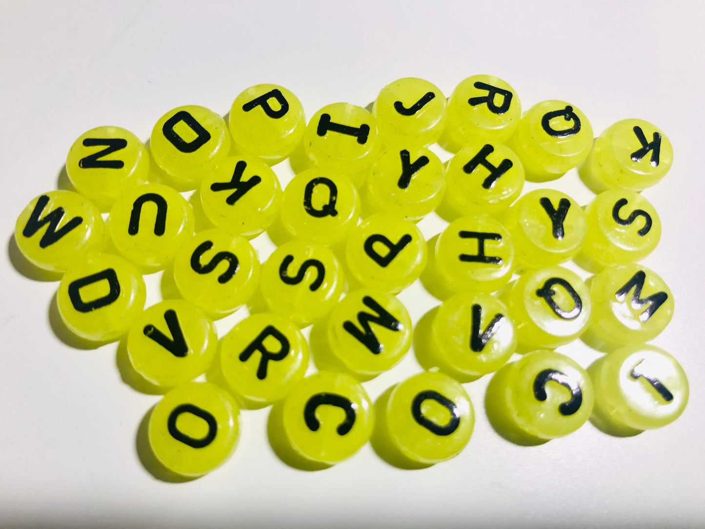 Large alphabet bead, yellow initial bead with black letter 10mm acrylic bead mix of assorted letters