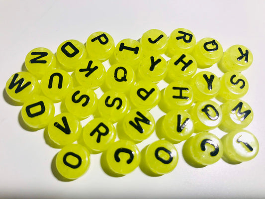 Large alphabet bead, yellow initial bead with black letter 10mm acrylic bead mix of assorted letters