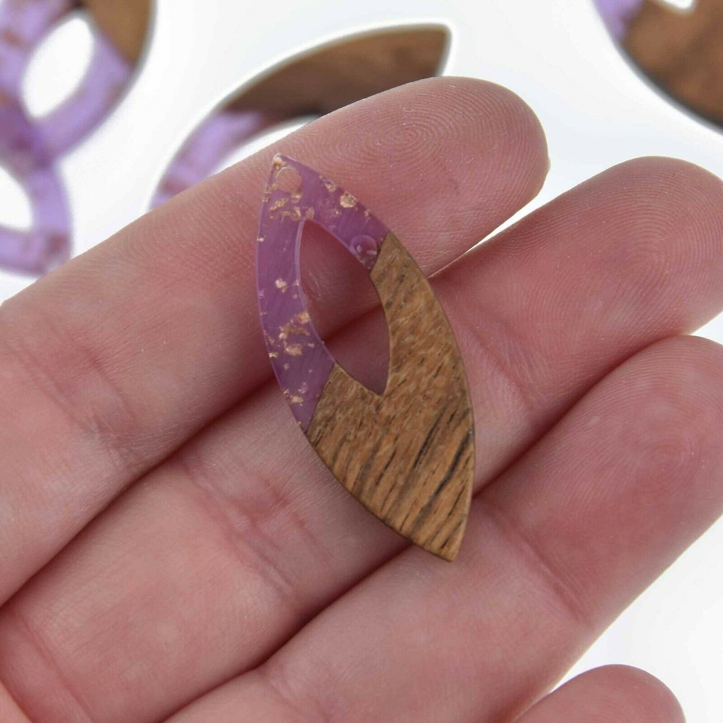 Wood pendant, purple resin marquise shape, light wood with gold foil earring finding