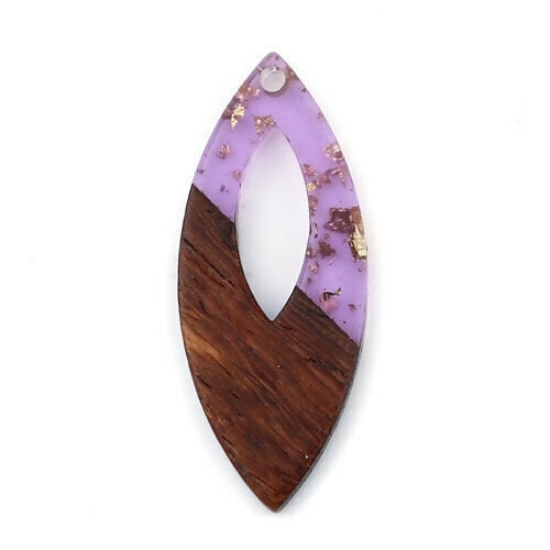 Wood pendant, purple resin marquise shape, light wood with gold foil earring finding