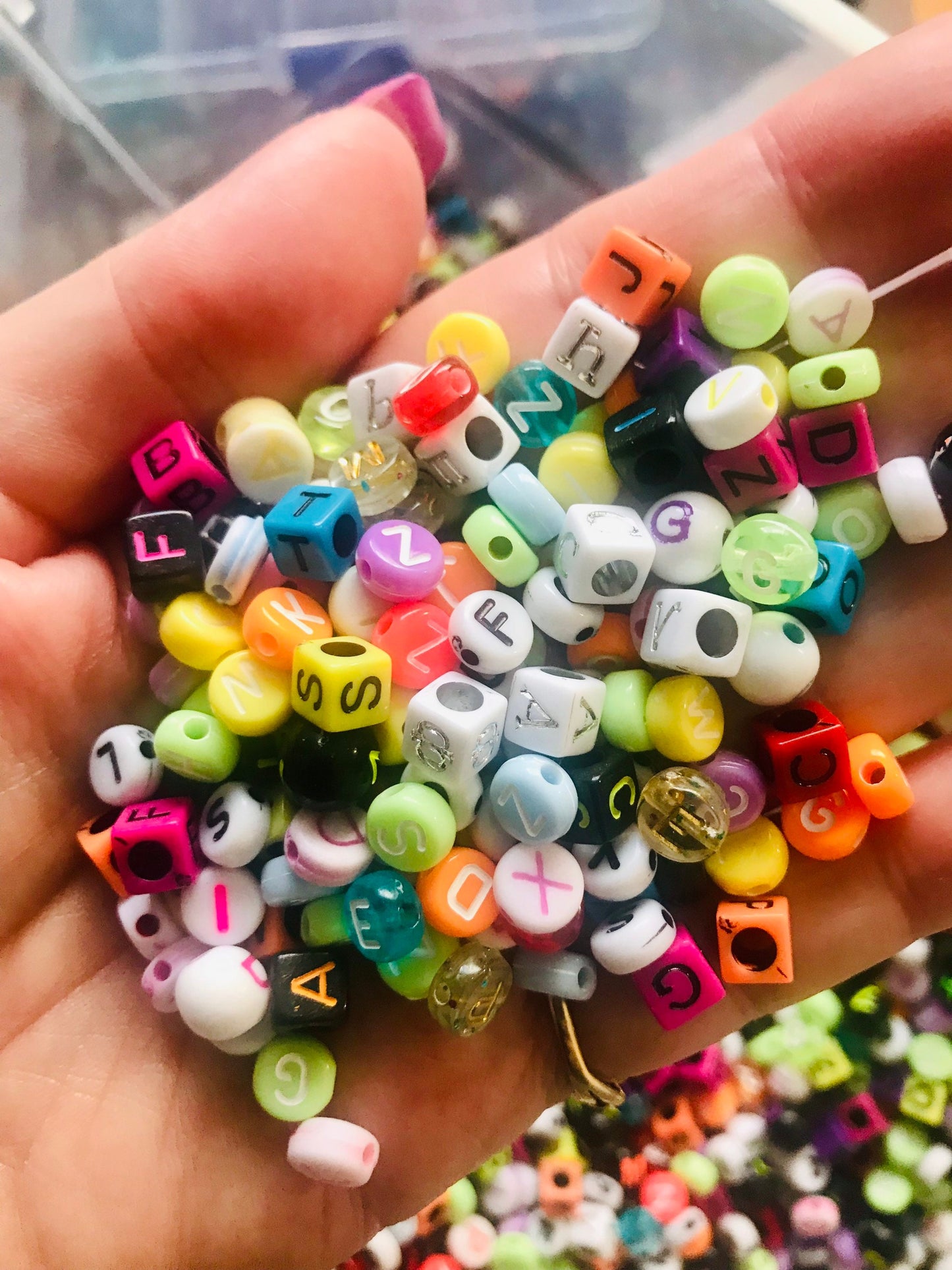 Alphabet bead , assorted bulk color mix,  Acrylic 7mm letter bead styles round, flat and cube mix style beads