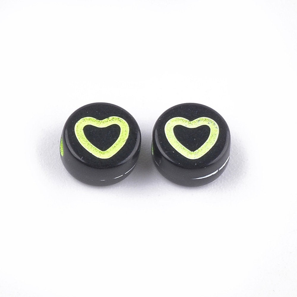 Heart stamped black bead, assorted color hearts fits alphabet beads, heart outline