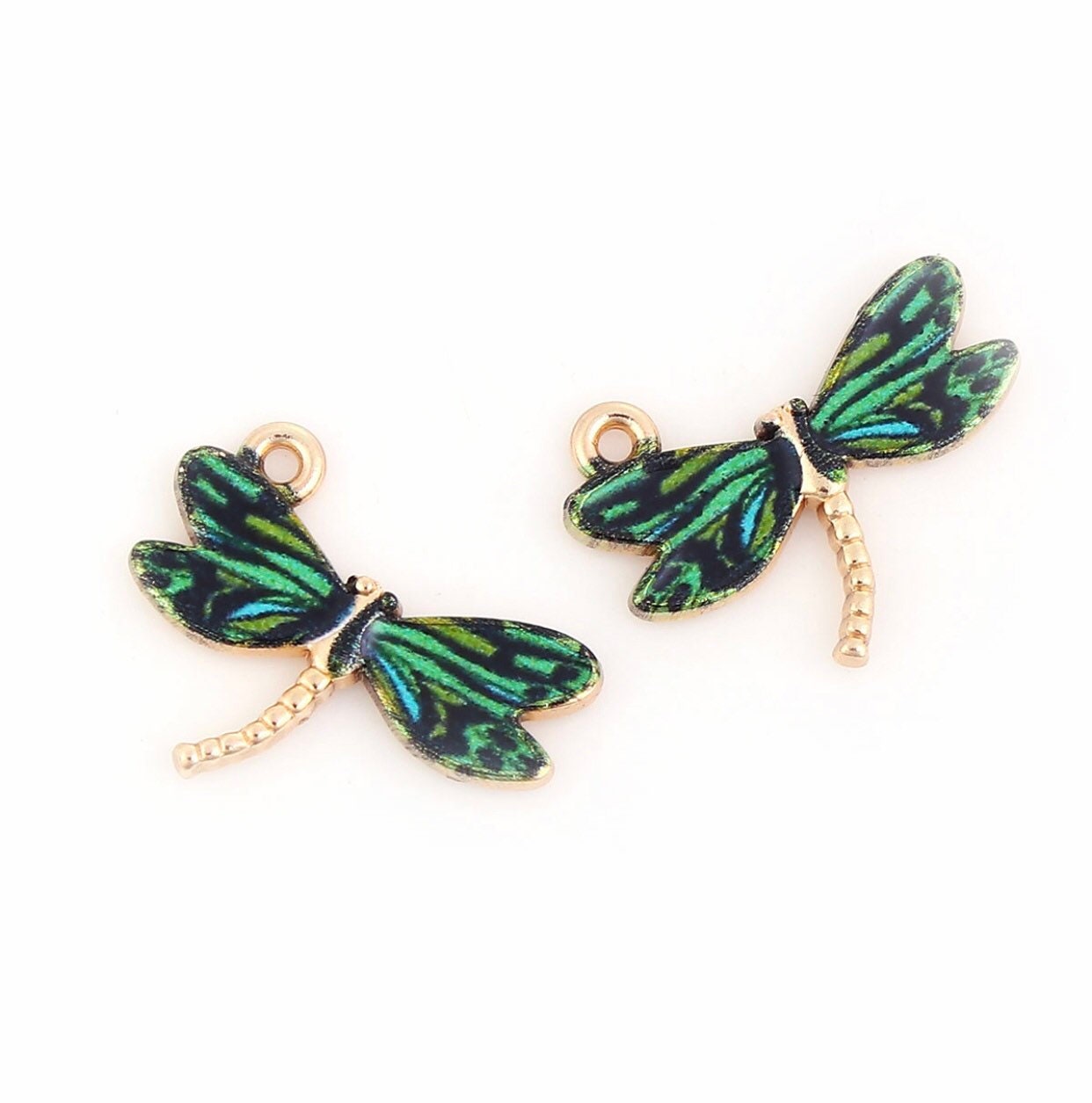 Dragonfly charms, green and black enamel dragonflies with gold plated back