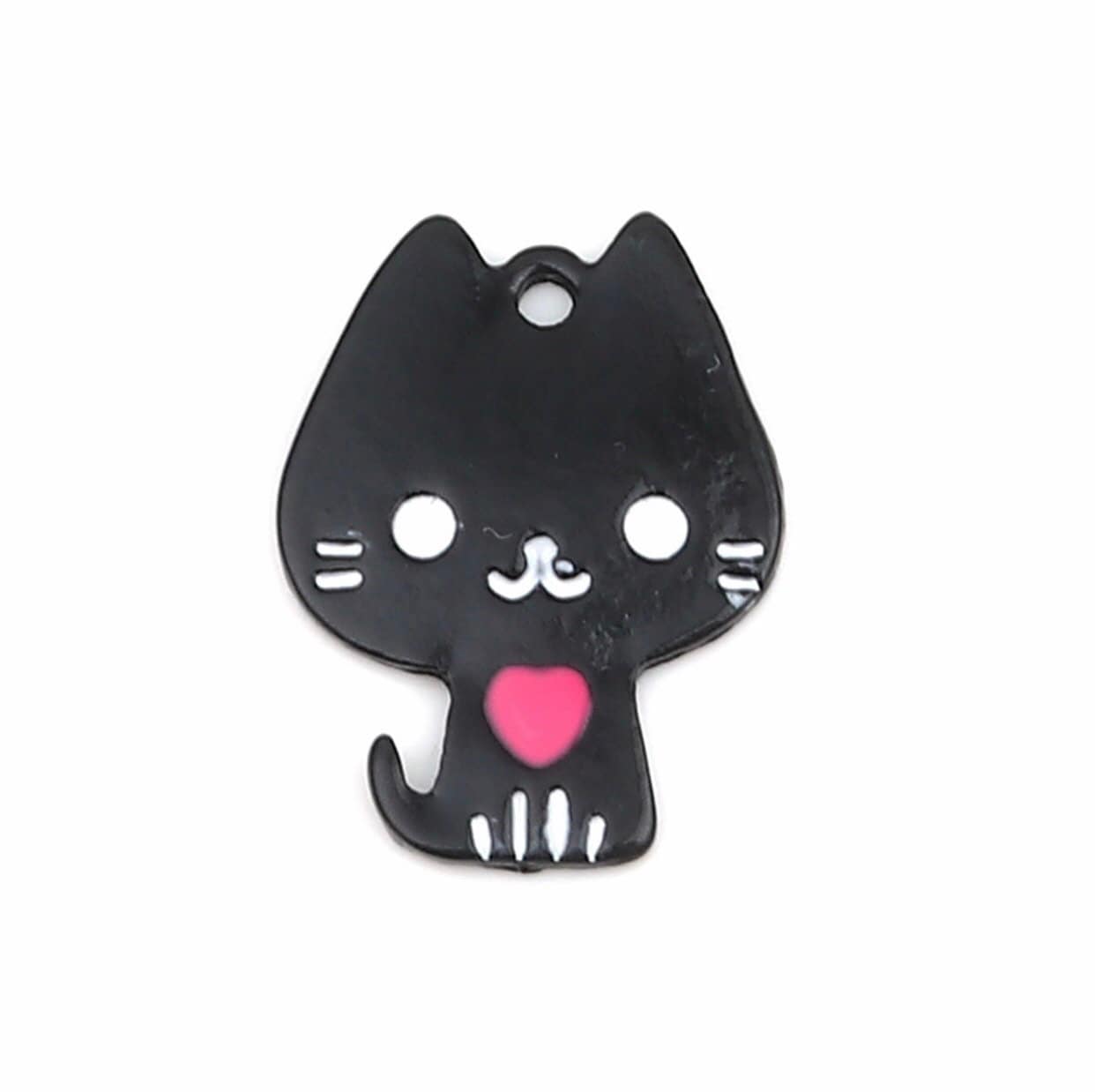 Black cat metal charm. painted charm with little heart, black backed charm, halloween black cat