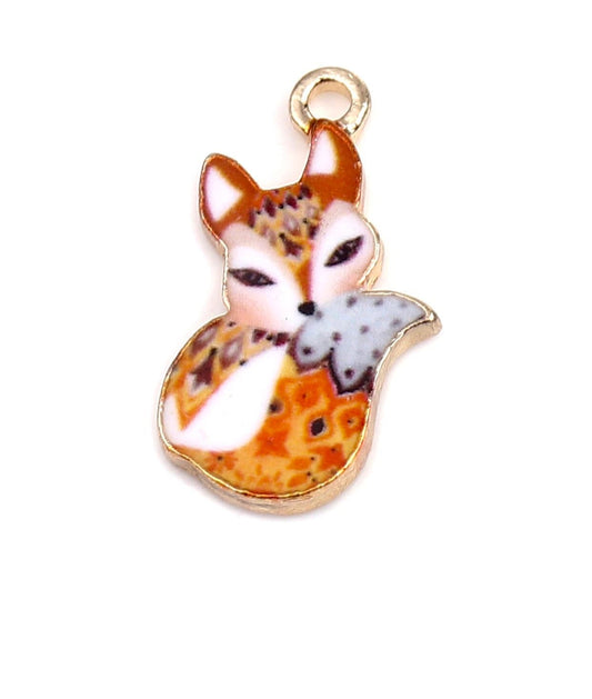 Fox charm , orange  enamel fox with white tail girl fox charm with long eyelashes, forest animal