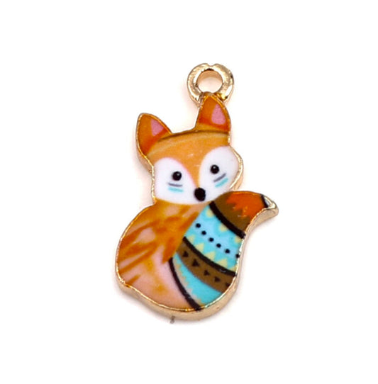 Fox charm, orange and blue tail enamel animal charm., striped pattern boy charm