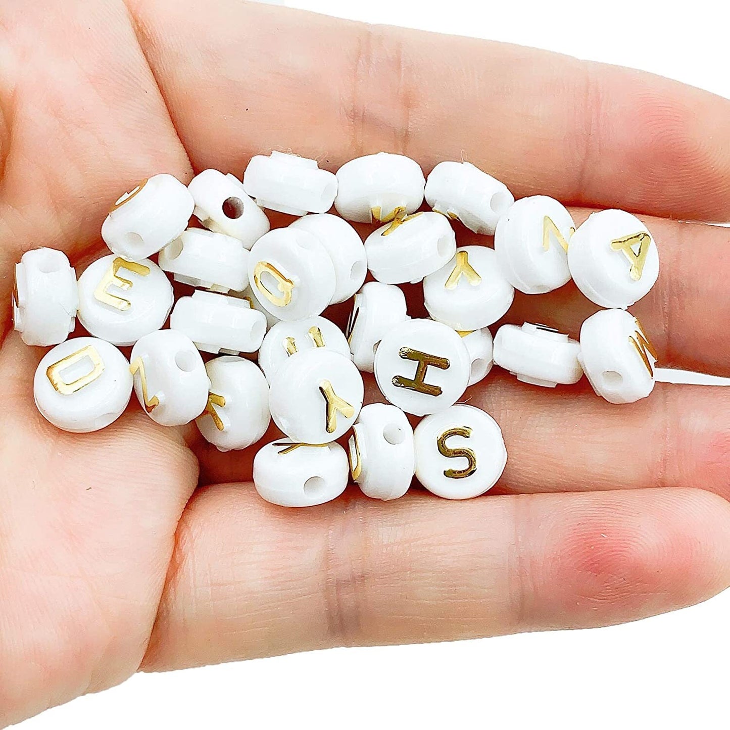 Large alphabet bead, 10mm white with gold letter beads , big initial beads