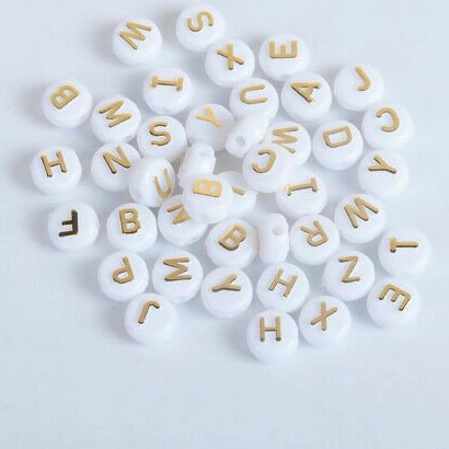 Large alphabet bead, 10mm white with gold letter beads , big initial beads