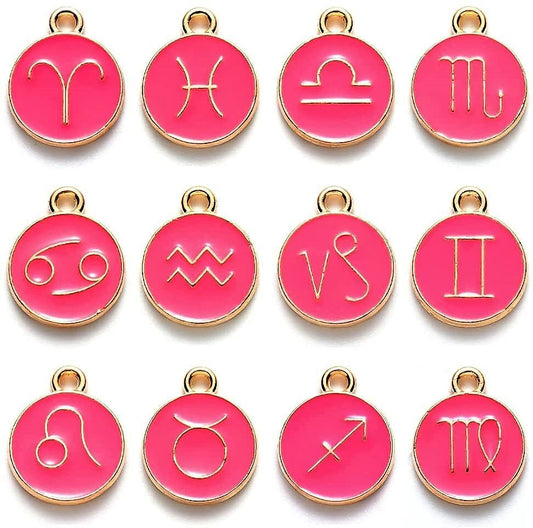 Zodiac Enamel hot pink charm set, 12 double-sided charm with two different images on each side