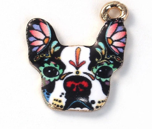 Boxer dog charm, enamel animal  gold plated charm, patterned design with black and white and assorted colors