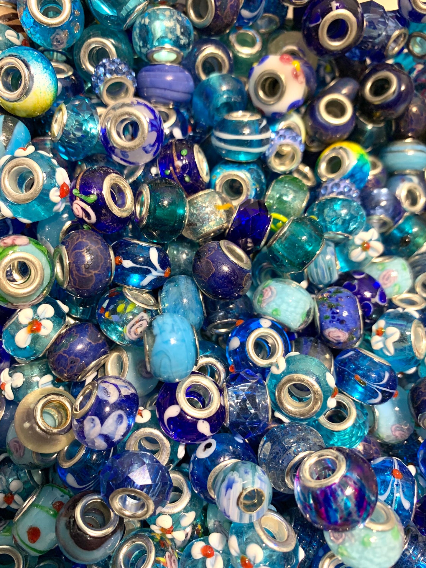 Glass European beads, bulk euro big hole beads, assorted blue shades mix