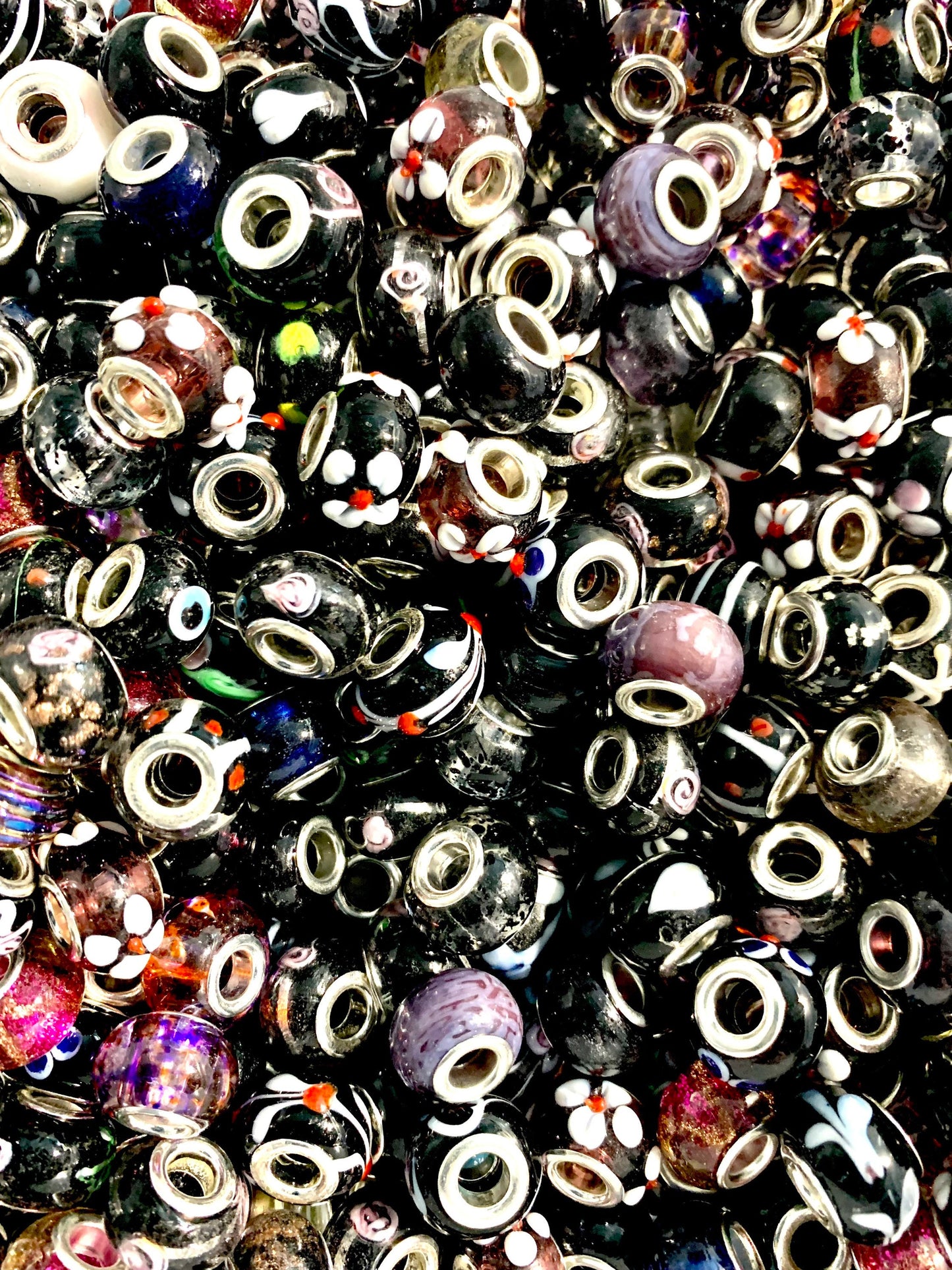 Glass beads European Bulk mix, big hole assorted black and purples