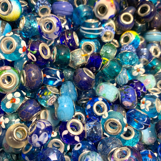 Glass beads European  bulk mix, big hole euro beads, assorted blue shades big hole mixed styles